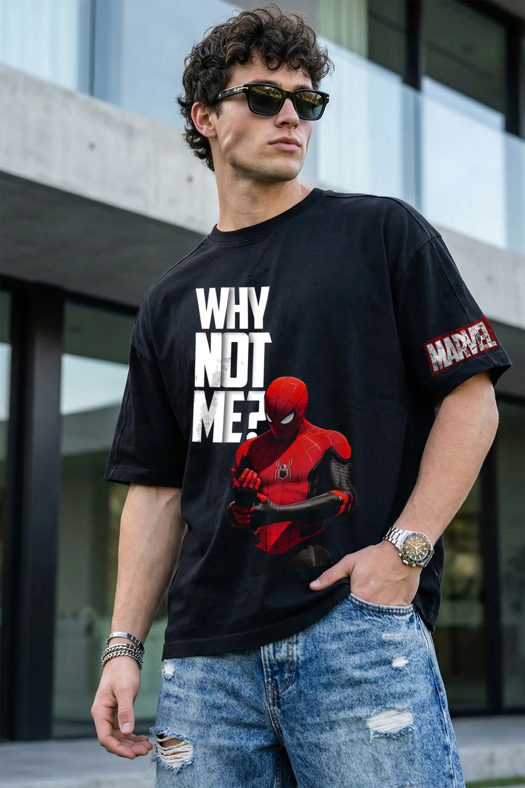 SPIDER MAN (WHY NOT ME) BLACK T-SHIRT