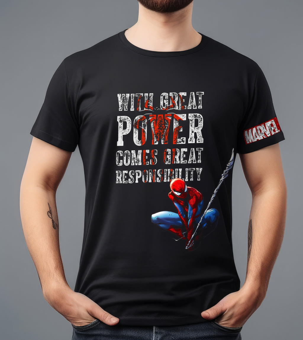 SPIDER MAN WITH GREAT POWER BLACK T-SHIRT